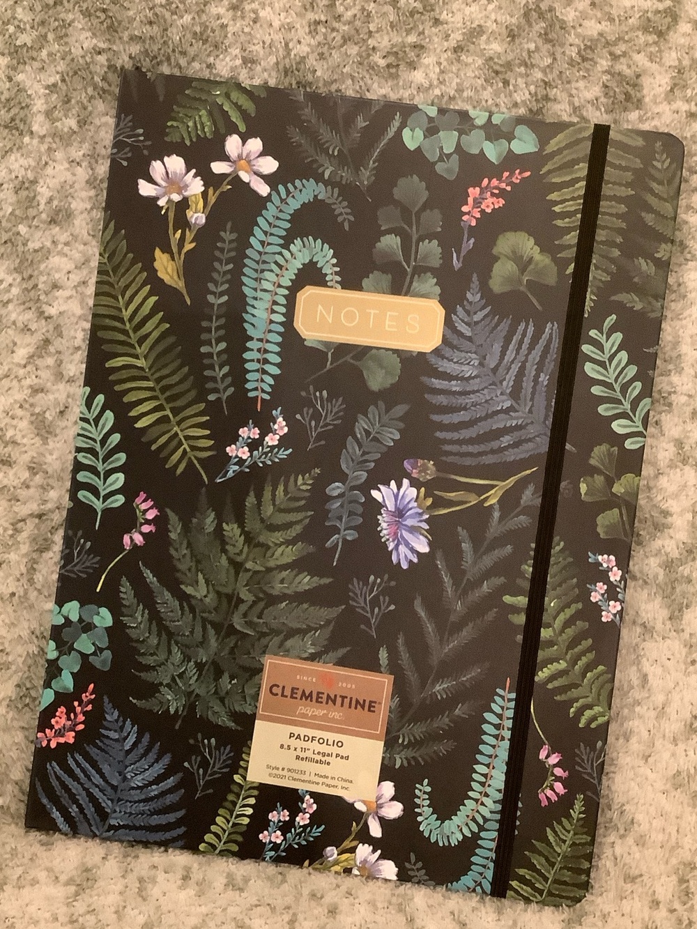 Clementine Paper Co Floral Notes Padfolio Black w Green Botanical Accents NWT